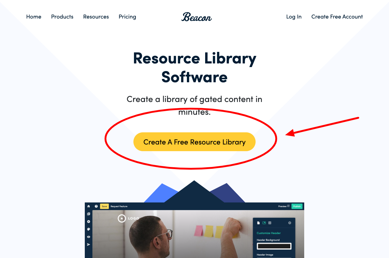 Screenshot of the Beacon website with 'create a free resource library highlighted'