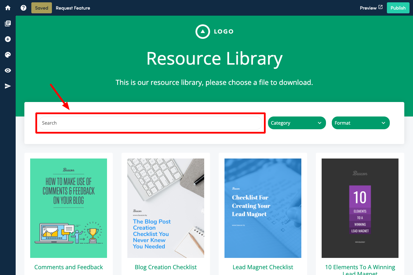 Screenshot highlighting the search box in the resource library